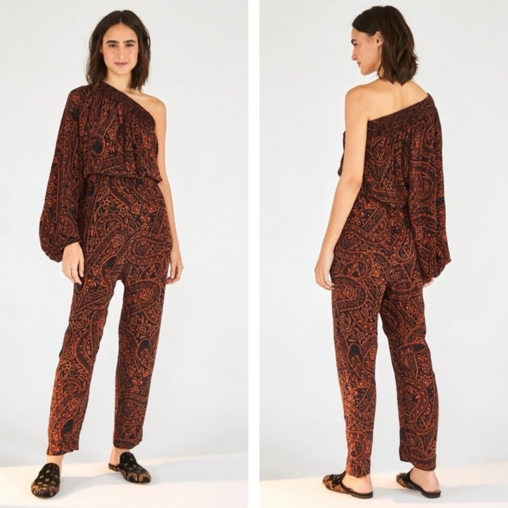 FARM RIO Camouflage Snake One Shoulder Resortwear Jumpsuit Anthropologie Sz S
